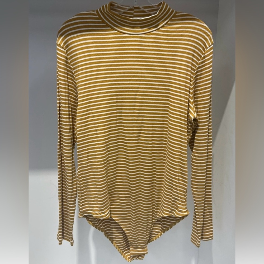 Plus size mustard & white striped turtleneck bodysuit size 3x